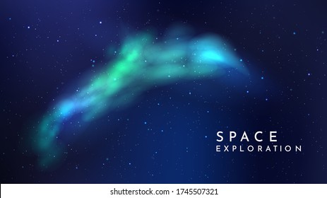 Vector realistic illustration. Night cosmic sky. Wallpaper. Nebula in space. Template for website or game. Abstract banner. Dark starry background. Milky Way. Minimalistic style. Copy space for text