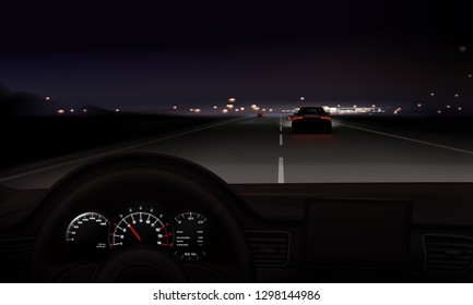 Vector realistic illustration of night road with realistic steering wheel view from car on city lights background