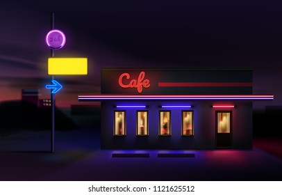 Vector realistic illustration of night street city town urban road retro old bright neon sign and electric arrow symbol a pointer to cafe. Isolated on landscape background