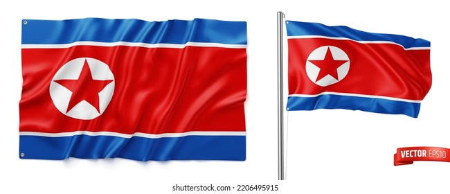 Vektorrealistische Illustration von nordkoreanischen Flaggen auf weißem Hintergrund.