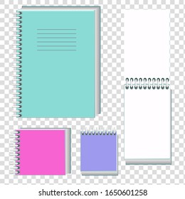 Vector realistic illustration of notebooks on a spiral. Isolated objects. Notebooks for notes. Notebooks for school and office.