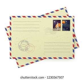 Vector realistic illustration of old vintage airmail envelopes with postal space stamps isolated on white background