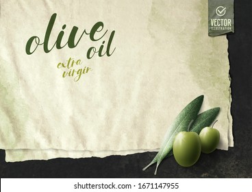 Vector realistic illustration. Olive leaves and paper on black stone.

