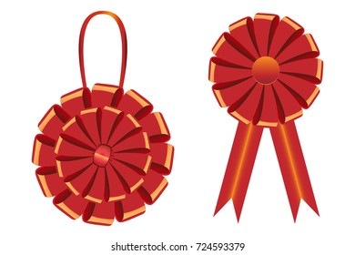 Vector realistic illustration on isolated background. Decoration and medal from ribbon. Bright decor elements for holiday design.