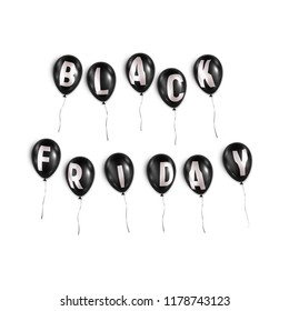 Vector realistic illustration on white backgraund. Glossy 3d black balloons with white letters that make up phrase BLACK FRIDAY .