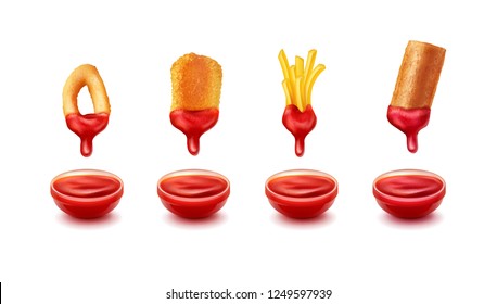 Vector realistic illustration of onion ring, fried patty, French fries and nugget dipping in ketchup. Fast food crispy meal with sauce isolated on white background