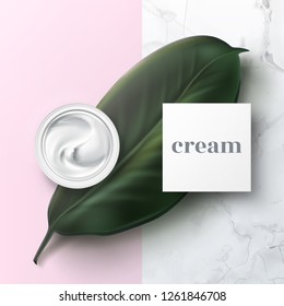Vector realistic illustration of open cosmetic jar with hygienic cream, top view, isolated on white marble background with living leaf plants. Packing template of lotion for skin