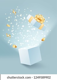 Vector realistic illustration of opened gift white box with golden bow, confetti and magic glow with separate lid isolated on background