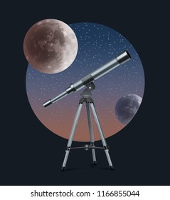 Vector realistic illustration of optical telescope glass lens on tripod with astronomy full moon in round isolated on starry background