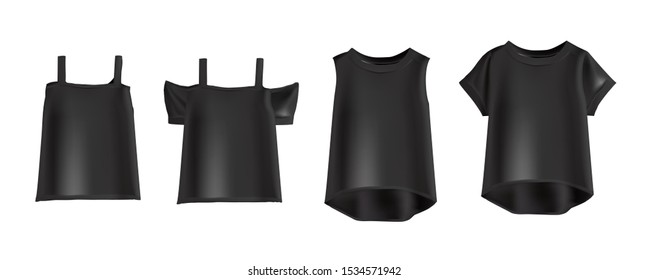 Vector realistic illustration of options for women's t-shirts. Collection of black t-shirts. Isolated image of women's clothing.