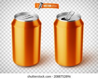 Vektorrealistische Illustration von orangefarbenen Soda-Dosen auf transparentem Hintergrund.