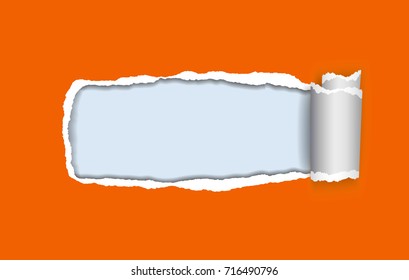 vector realistic illustration of orange torn paper with rolled edge on blue background with frame for text