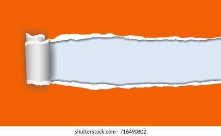 vector realistic illustration of orange torn paper with rolled edge on blue background with frame for text
