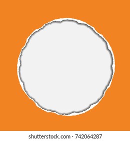 vector realistic illustration of orange torn paper with shadow and circular shaped hole on blue background with frame for text