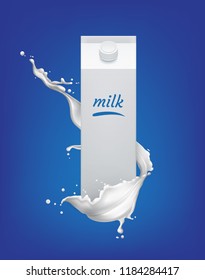 Vector realistic illustration of packaging of tetra pack with milk standing in white splash on blue background. Template advertising poster dairy product