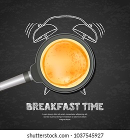 Vector realistic illustration of pan with pancake and hand drawn alarm clock on black board slate background. Top view food on dark background. Creative design for breakfast menu, cafe, restaurant.