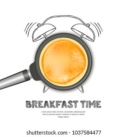 Vector realistic illustration of pan with pancake and hand drawn alarm clock isolated on white background. Top view food on dark background. Creative design for breakfast menu, cafe, restaurant.