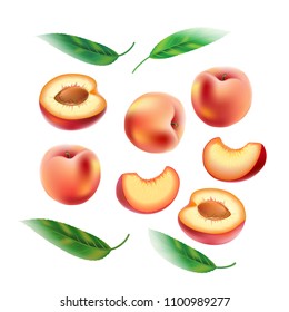 Vector realistic illustration of peach fruit,  isolated on a lighte  background. Design elements for invitations, announcements, advertising of wine, juice, cosmetics, health products.
