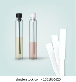 Vector realistic illustration of perfume glass tester vials of different kinds and scent strips isolated on light background