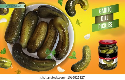 Vector realistic illustration of pickled cucumber. Horizontal banner with pickles.