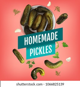 Vector realistic illustration of pickled cucumber. Poster with pickles.