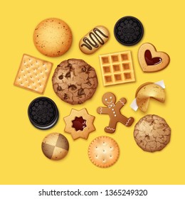 Vector realistic illustration of pile different chocolate and biscuit chip cookies, gingerbread and waffle isolated on yellow background, top view