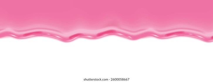 Vector realistic illustration. Pink liquid chocolate border. Melting ice cream and icing drops flow down with copy space.