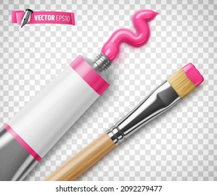 Vector realistic illustration of a pink paint tube and paintbrush on a transparent background.