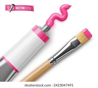 Vector realistic illustration of a pink paint tube and paintbrush on a white background.