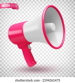 Vector realistic illustration of a pink and white megaphone on a transparent background.