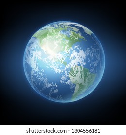 Vector realistic illustration of Planet Earth with contour glow isolated on black background, view from space