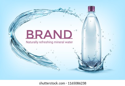 Vector realistic illustration of plastic bottle standing in water crown with splash and space for text isolated on blue background