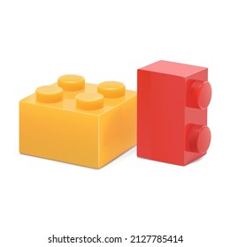 Vector realistic illustration of plastic bricks with assembly knots of popular brand yellow and red isolated on white. Children constructor pieces.