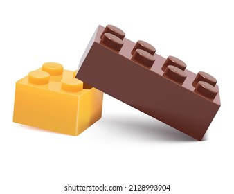 Vector realistic illustration of plastic bricks with assembly knots yellow and brown reddish isolated on white