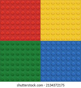 Vector realistic illustration of plastic colorful baseplate with assembly knots of yellow, red, blue, green. Popular constructor build toy