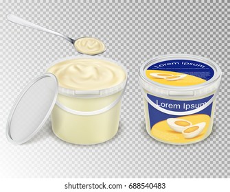 Vector realistic illustration, plastic transparent buckets with food - mayonnaise, sour cream, yogurt, sauce, ice cream, - and spoon scooping it up. Set containers, mok up pails with label and without