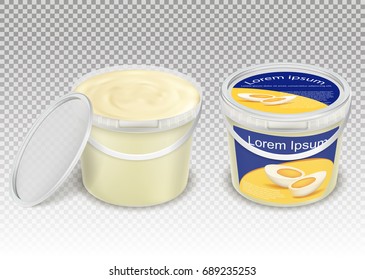 Vector realistic illustration of plastic transparent buckets with food - mayonnaise, sour cream, yogurt, cottage cheese, sauce, ice cream. Set containers, mok up pails with label and without