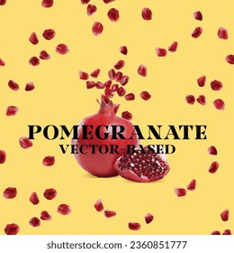 Vector realistic illustration of pomegranate, vector based pomegranate fruit on isolated background, flying pomegranate seeds, falling pomegranate pieces