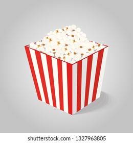 Vector realistic illustration with popcorn in the striped box, salty snack for cinema, entertainment. Cardboard container.