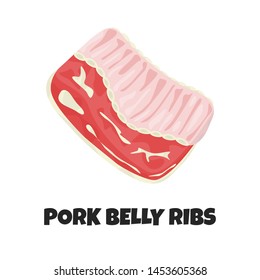 Vector Realistic Illustration of Pork Belly Ribs. Concept Design of Meat Product in Cartoon Flat Style. Uncooked Ingredient for Carnivore Diet. Raw Piece of Meat for Poster, Banner and so on