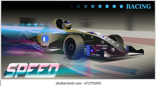 Vector Realistic illustration. Poster advertising for racing car, motor racing. Modern model
