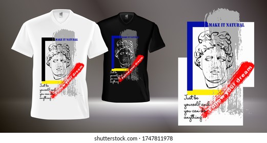 
Vector realistic illustration of a print t-shirt. Isolated object. Casual wear. Apollo Belvedere in the picture.