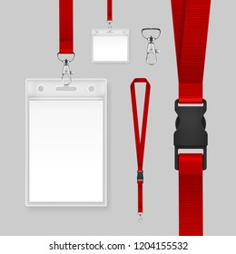 Vector realistic illustration of professional identification card. Template id badges holders with red lanyards and strap clips isolated on background