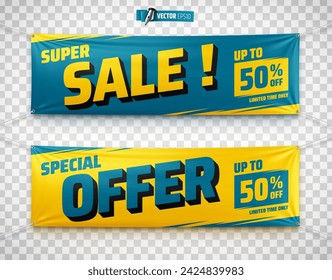 Vector realistic illustration of promotional banners on a transparent background.