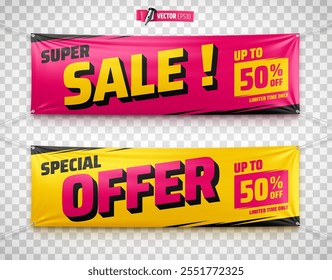 Vector realistic illustration of promotional banners on a transparent background.