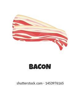 Vector Realistic Illustration of Raw Bacon Strips in Flat Style. Tasty Meat Ingredient for Breakfast isolated on White Background with Text. Concept Design of Fresh Uncooked Pork for Carnivore Diet