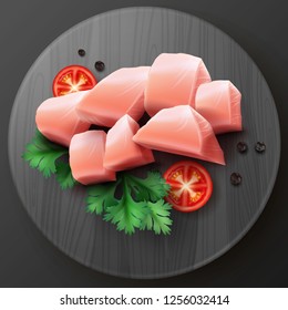 Vector realistic illustration of raw cut chicken fillet chunks with peppercorns, greens and tomatoes close up on wooden cutting board on table, top view isolated on black background