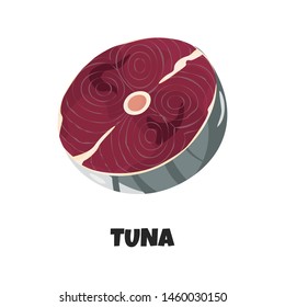 Vector Realistic Illustration of Raw Steak of Tuna isolated on White Background. Marine Product Concept. Graphic Design of Slice of Frsh Fish Can be used for Menu, Cooking Recipes, Articles, Blogs