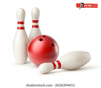 Vector realistic illustration of a red bowling ball with pins on a white background.