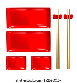 Vector realistic illustration of red ceramic sushi dishes. Isolated image of cookware.